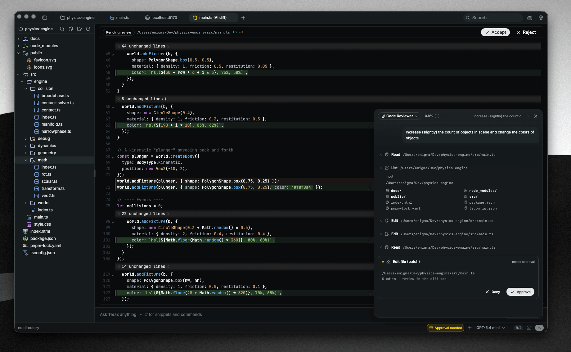 Terax AI panel showing an agent listing dirs and proposing edit diffs