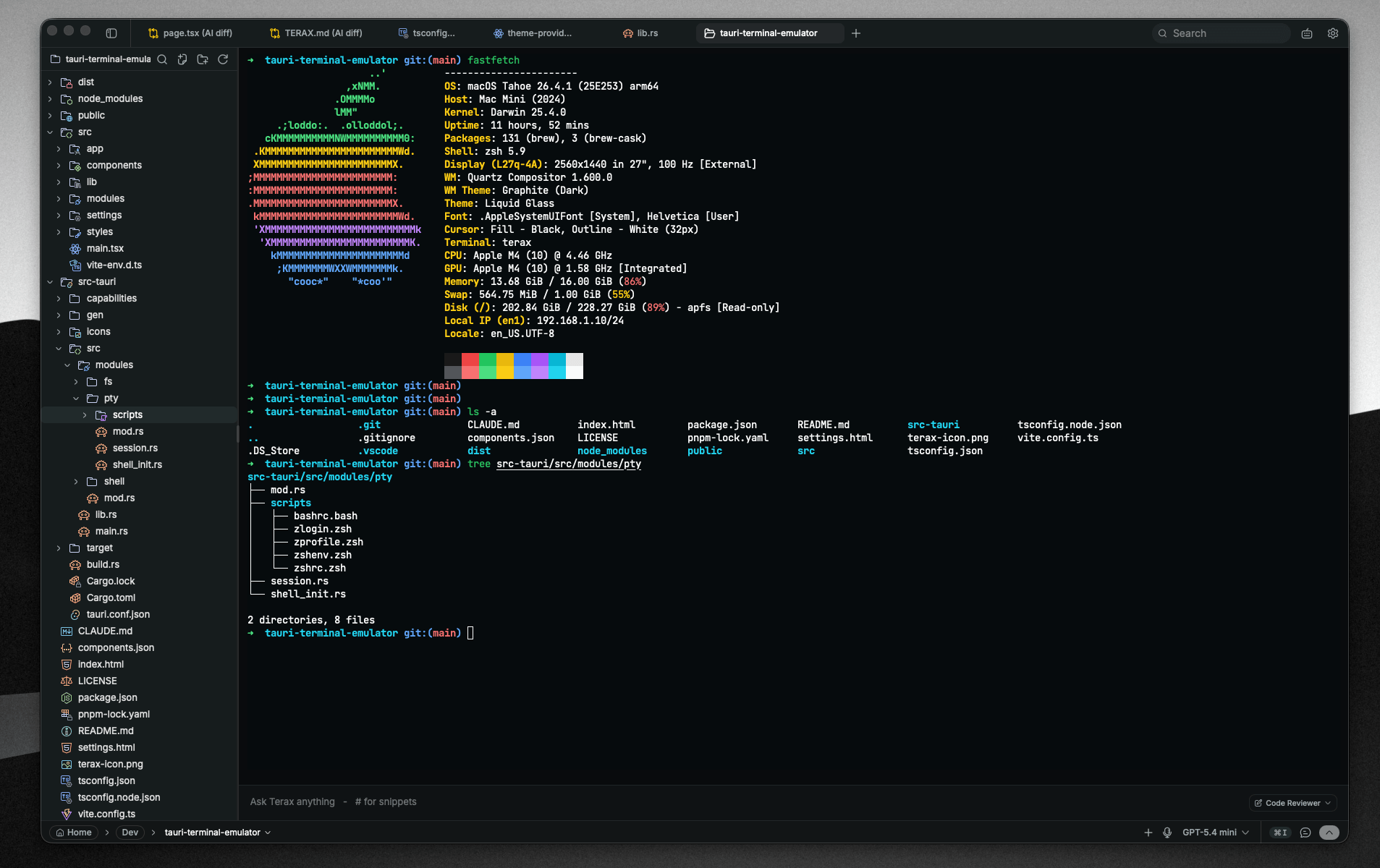 Terax terminal showing fastfetch output and the file explorer